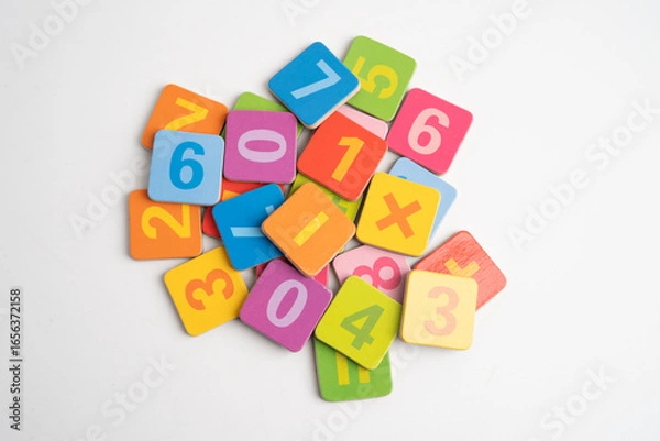 Fototapeta Number wood block cubes for learning Mathematic, education math.