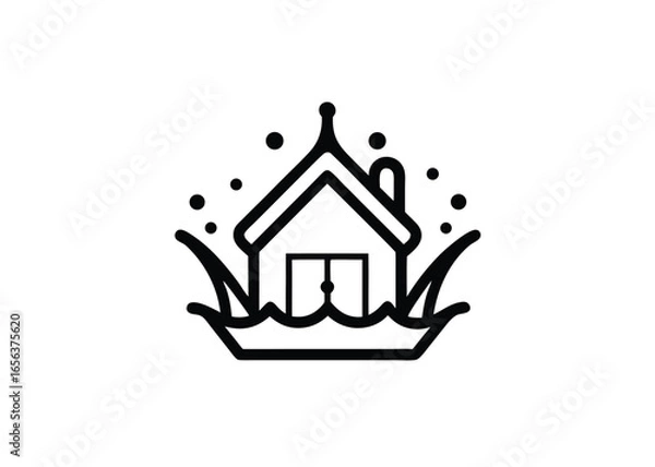 Fototapeta Vector art of black outline house with water splash and waves