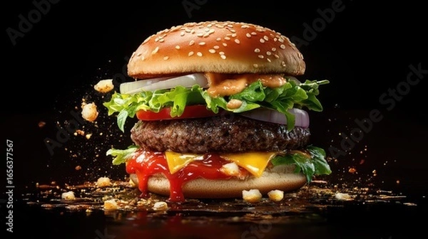 Obraz Juicy hamburger with thick beef patty, lettuce, tomato, onions, and sauce, all stacked in a golden sesame bun