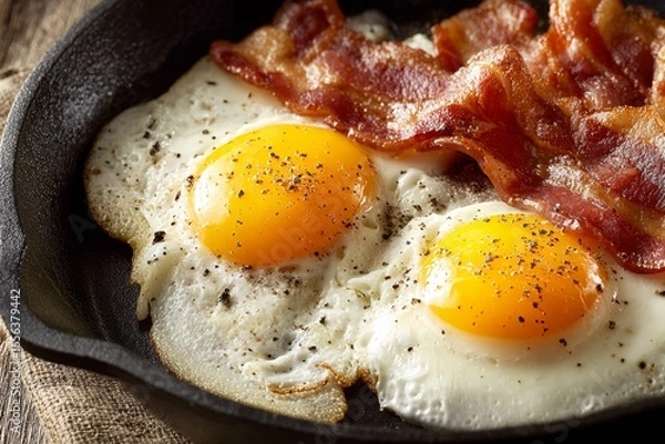 Fototapeta Two fried eggs with bacon and black pepper in cast iron pan. Studio food photography. Traditional breakfast and cooking concept. Design for poster, banner, card