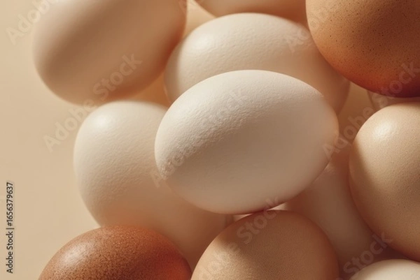 Fototapeta Brown and white chicken eggs arranged on fabric surface. Macro closeup still life photography. Easter celebration and springtime holidays.