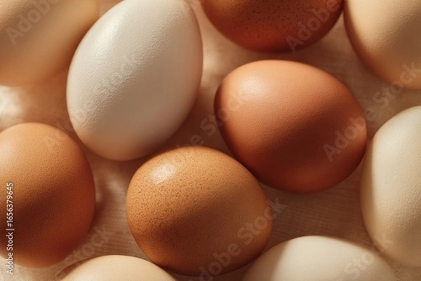 Fototapeta Brown and white chicken eggs arranged on fabric surface. Macro closeup still life photography. Easter celebration and springtime holidays.