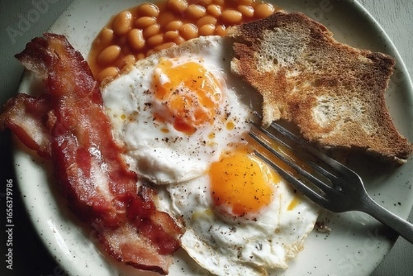 Fototapeta Plate with fried eggs, bacon, toast and baked beans with fork. Studio food photography. Traditional breakfast and cooking concept.
