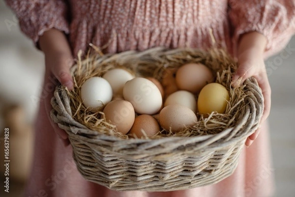 Fototapeta Basket with assorted chicken eggs in straw held by child in pink dress. Rustic still life photography. Easter celebration and springtime holidays. Design for greeting card, invitation, postcard.