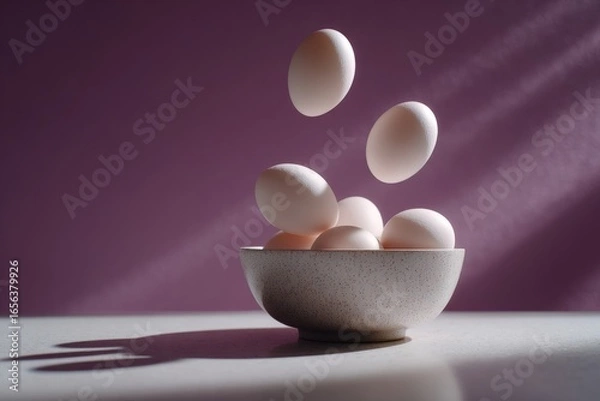 Fototapeta Bowl with white eggs and falling eggs on purple background. Studio still life food photography. Breakfast and cooking concept. Design for poster, banner, card, header, wallpaper.