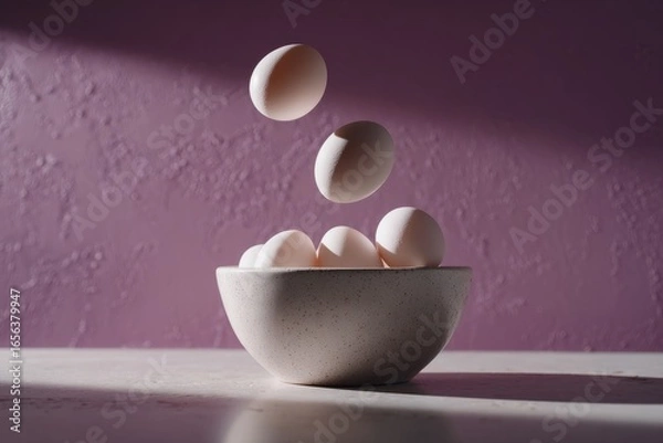 Fototapeta Bowl with white eggs and falling eggs on purple background. Studio still life food photography. Breakfast and cooking concept. Design for poster, banner, card, header, wallpaper.