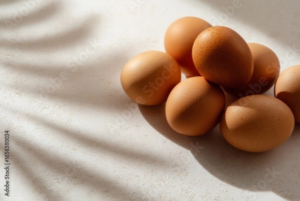 Fototapeta Brown chicken eggs on textured light surface with palm leaf shadow. Studio still life photography. Organic food and natural light concept. Design for poster, print, banner, postcard, invitation.