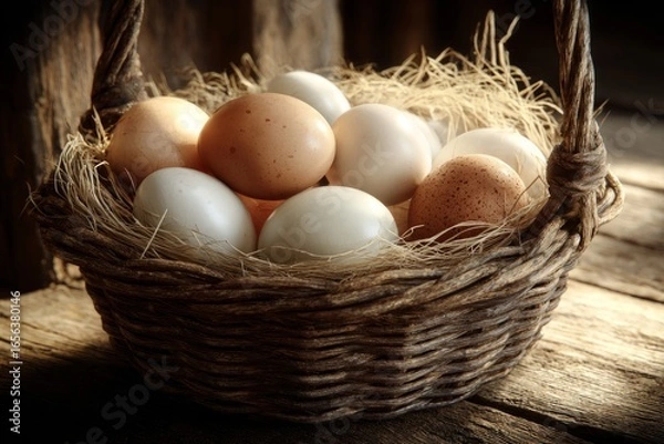 Fototapeta Mixed white and brown chicken eggs in rustic wicker basket with straw on wooden surface. Natural light still life photography. Organic farming and rural food concept. Design for poster, print, banner.