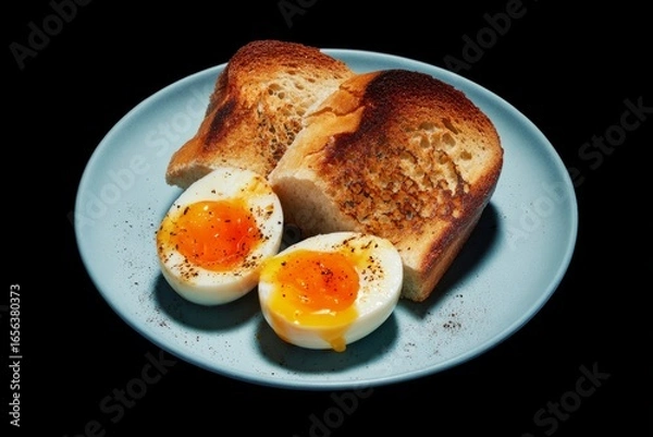 Fototapeta Soft-boiled eggs with pepper and toasted bread on blue ceramic plate. Studio food photography. Breakfast and meal preparation concept. Design for poster, print, banner, postcard, invitation. Top view