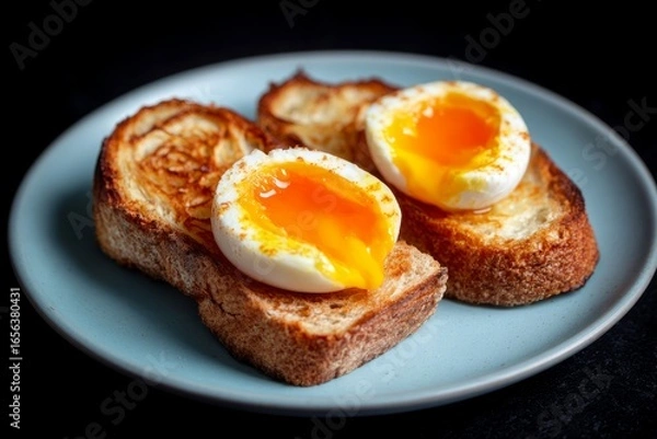 Fototapeta Soft-boiled eggs with pepper and toasted bread on blue ceramic plate. Studio food photography. Breakfast and meal preparation concept. Design for poster, print, banner, postcard, invitation. Top view