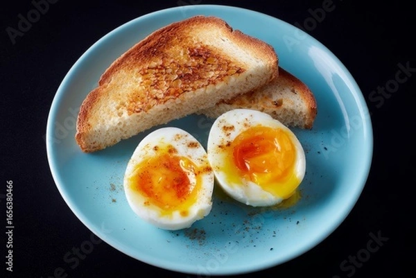 Fototapeta Soft-boiled eggs with pepper and toasted bread on blue ceramic plate. Studio food photography. Breakfast and meal preparation concept. Design for poster, print, banner, postcard, invitation. Top view