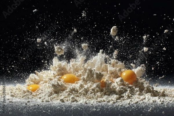Fototapeta Raw egg yolks and flying wheat flour explosion on black background. Studio food motion photography. Baking ingredients and dynamic cooking concept. Design for poster, print, banner, postcard.