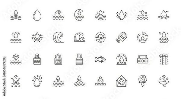 Fototapeta Collection of modern line icons representing water, waves, drops, and aquatic life.