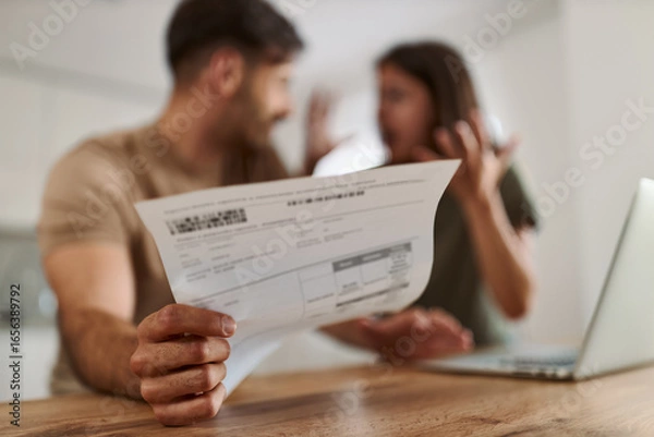 Fototapeta Close up of young couple having problems with paying their bills over a computer at home.