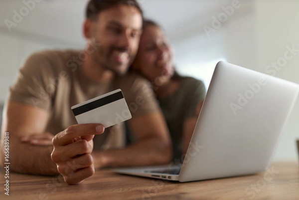 Fototapeta Close up of happy couple using credit card while shopping over computer at home.