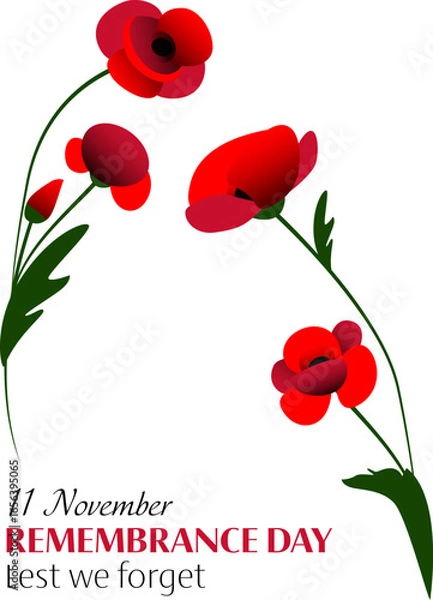 Obraz Vector illustration of remembrance day vertical poster with two bunch of red poppy flowers on white and black background