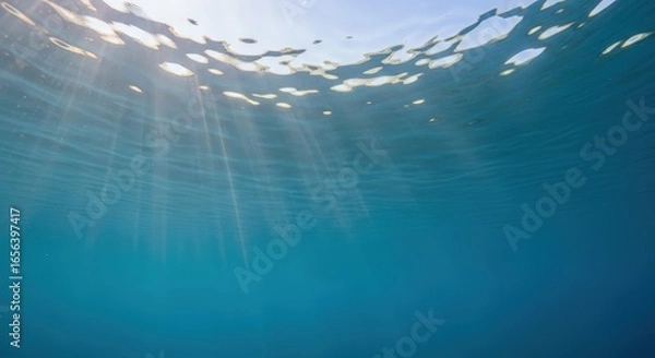 Obraz underwater sun rays breaking through water surface in blue ocean