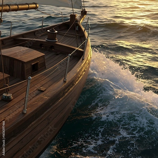 Fototapeta 夕陽に染まる木造船の躍動感