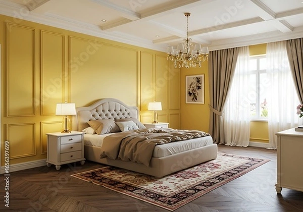 Fototapeta 黄金の光に包まれた寝室