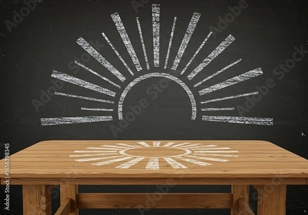 Fototapeta 黒板の朝焼けと木製のテーブル
