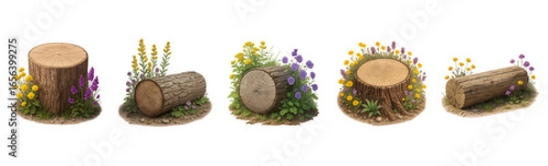Obraz Collection of tree stump and log with flower isolated on transparent background