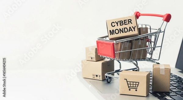 Fototapeta An online shopping concept for Cyber Monday with a miniature cart filled with boxes and a promotional label next to a laptop perfect for e-commerce holiday sales