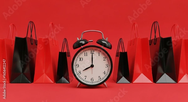 Fototapeta A last-minute sale concept with a black alarm clock surrounded by shopping bags on a red background perfect for creating a sense of urgency for special offers