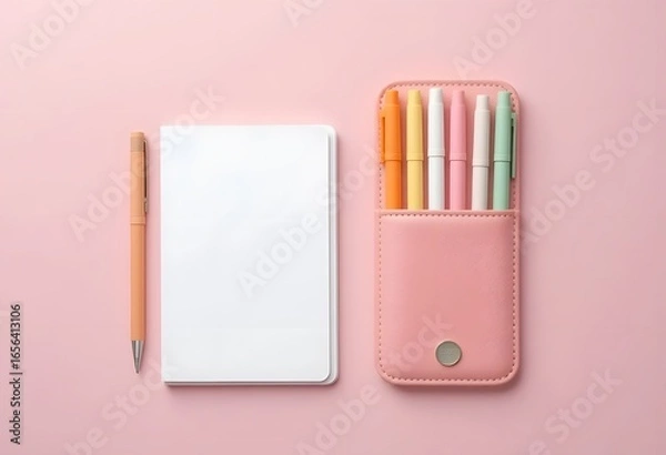 Fototapeta Minimalist Stationery Set with Notebook, Pen, and Pastel Highlighters on Soft Pink Background for Creative Workspaces