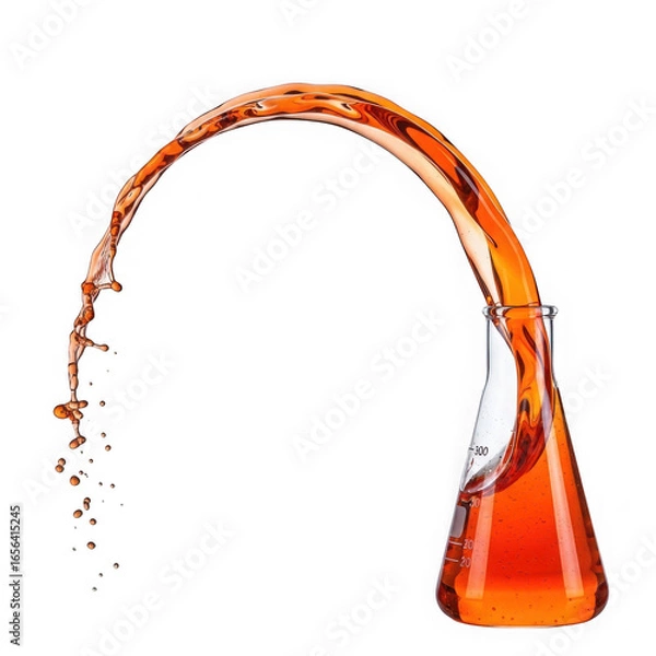 Fototapeta Orange liquid splashing dynamically out of a laboratory flask, isolated on transparent background