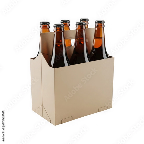 Fototapeta Six pack of amber glass beer bottles in a cardboard carrier, isolated on transparent background