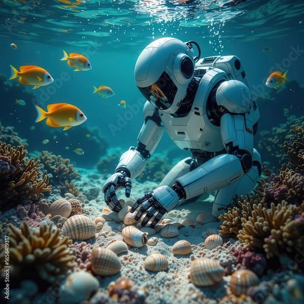 Fototapeta Underwater robot exploring coral reef environment and marine life interaction