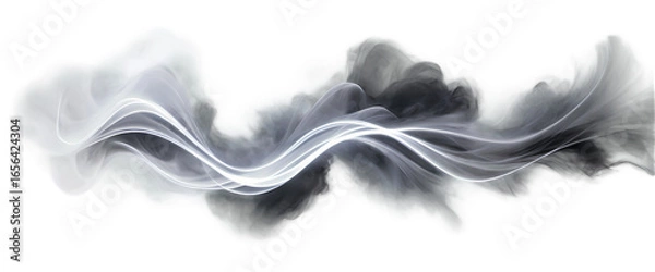 Obraz Ethereal wisps of gray and black smoke intertwined with thin, glowing white light trails, abstract and mysterious, isolated on a transparent background.