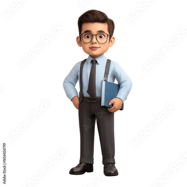 Obraz Cartoon man with glasses holding book isolated on transparent background