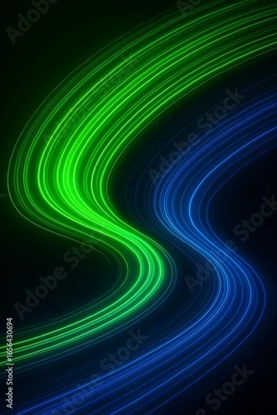Obraz Abstract 3D curved neon light trails in vibrant green and deep blue against a black background.