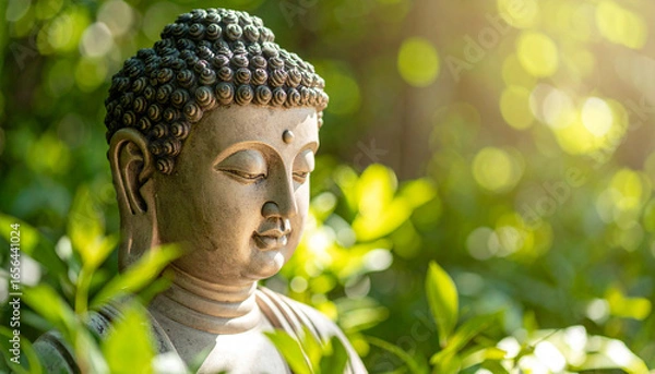 Fototapeta The serene Buddha statue surrounded by lush green foliage and soft light.

