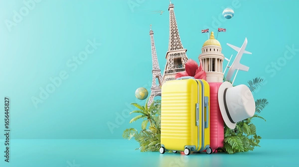 Obraz Travel essentials with bright landmarks on a blue background