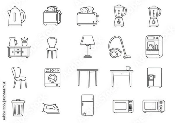 Fototapeta Line art depicts various home appliances and furniture arranged in a grid layout on a white background