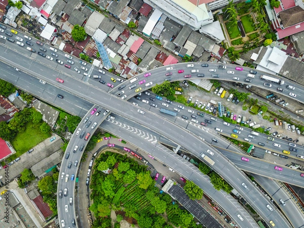 Fototapeta Aerial  shot,view from the drone on the road junction of Bangkok,Thailand