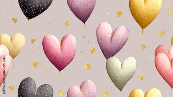 Fototapeta Seamless vintge heart, Delicate vintage-style hearts with minimalist gold design for artistic use.