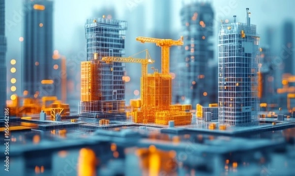 Fototapeta 3D printing machines constructing skyscrapers in a future urban environment, innovative technology, 3D illustration