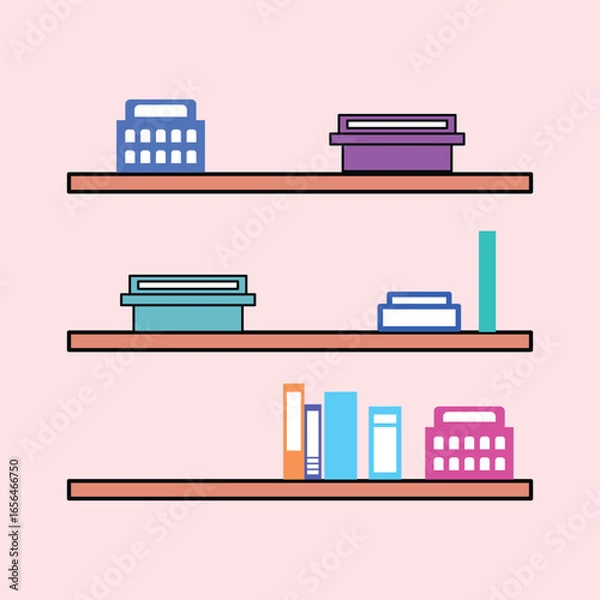 Fototapeta Wooden shelves with colorful storage boxes and books on a pink background, a neat and minimalist look suitable for home decoration inspiration.