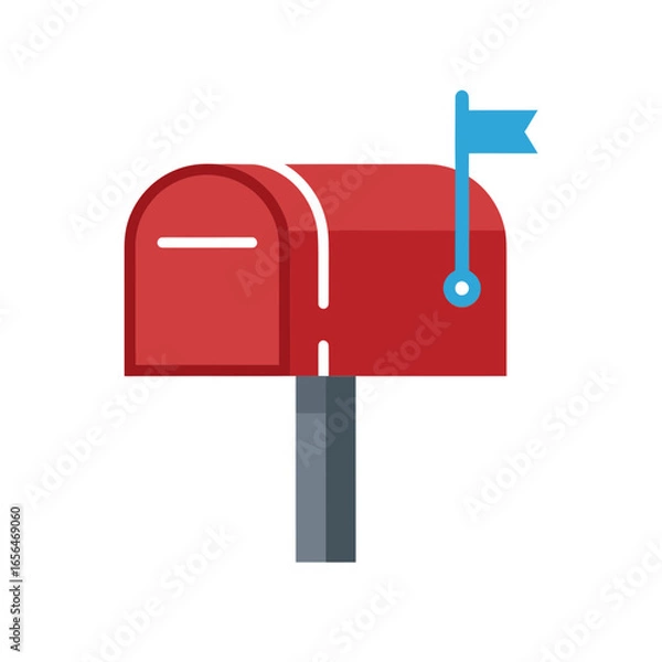 Fototapeta Red mailbox with blue flag on a gray post against white background.