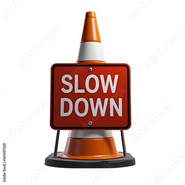 Fototapeta A traffic cone with SLOW DOWN sign urging safety and caution on the road on transparent background
