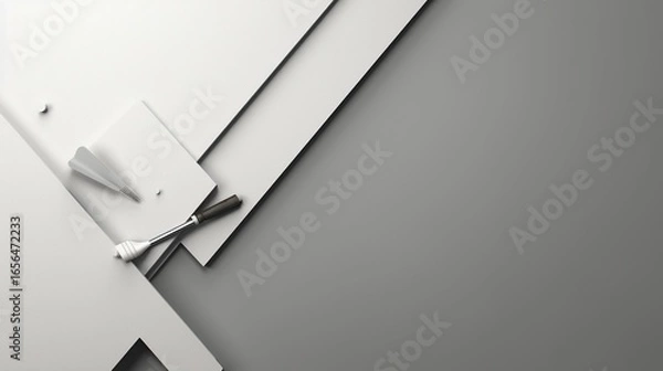 Fototapeta Minimalist White and Gray Office Desk with Notebook and Pen for Creative Workspace