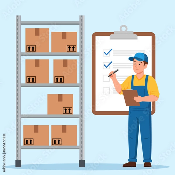 Obraz Illustration of a worker checking inventory in a warehouse, symbolizing stock control, logistics, and supply chain management.