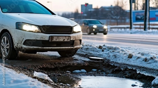 Fototapeta Close-up of a car navigating a road with a visible deep pothole