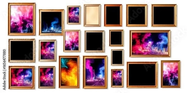 Fototapeta Empty picture frames arranged on white background, various sizes,  group,  room decor