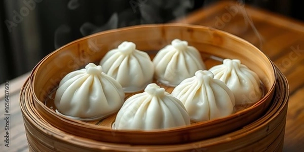 Obraz Plump Xiao Long Bao in bamboo steamer, glistening soup, ethereal steam rising,  shanghai,   traditional food