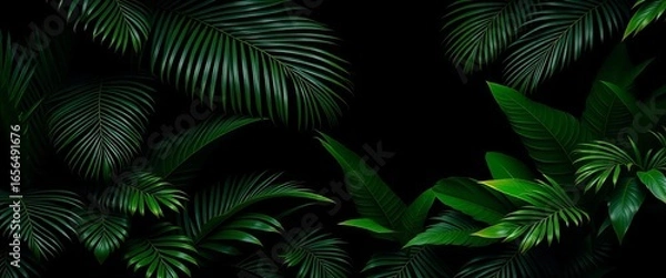 Fototapeta Lush, dark green tropical palm leaves and rainforest foliage against a black backdrop,  plant, tropical