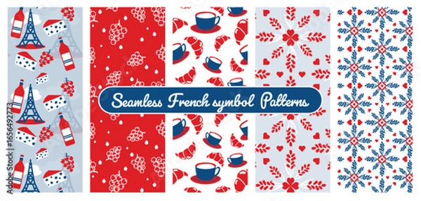 Fototapeta French seamless symbol patterns for vacation fibes, from coffee with a croissant in Paris to the south of France with lavender fields, vineyards